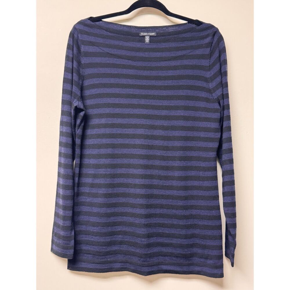 EILEEN FISHER 100% Merino Wool Boatneck Navy/Black Striped Sweater, Sz M
